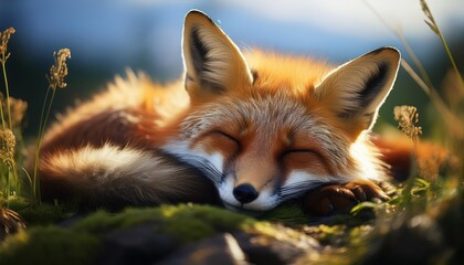 Tranquil Moment A Slumbering Red Fox Amidst the Verdant Fields at Twilights Glow, Basking in Natures Serene Beauty and Peace.