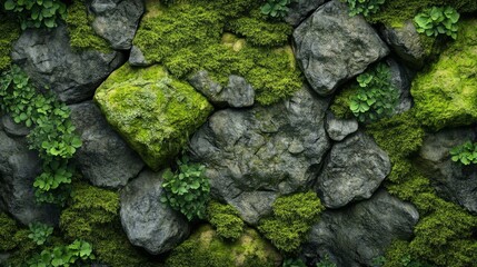 Lush green moss covering textured stone, forming a vibrant and detailed nature-inspired background, perfect for eco-friendly theme, environmental visual, or landscape design