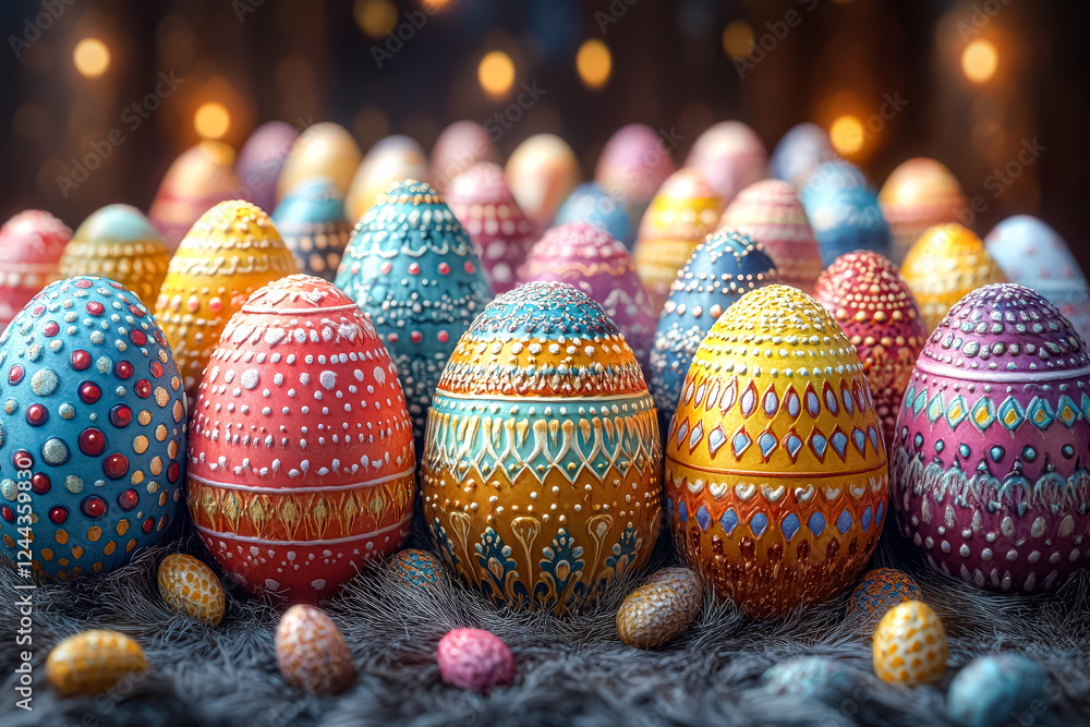 Poster row of painted eggs with different colors and designs. the eggs are arranged in a way that they look