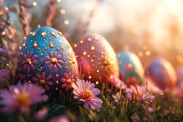 Field of flowers with a group of decorated eggs in the middle. The eggs are blue and pink and are surrounded by pink flowers. The scene is bright and cheerful, with the eggs