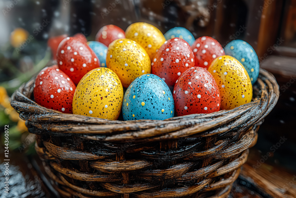 Poster basket full of eggs in various colors and sizes. the eggs are decorated with polka dots and are arra