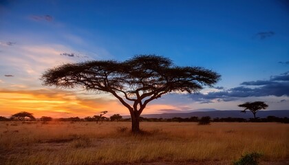 Striking Acacia Tree Silhouette against a Purple Sunset Sky at Lewa Wildlife Conservancy, Kenya A Timeless Moment of Serene Beauty in African Savannah.