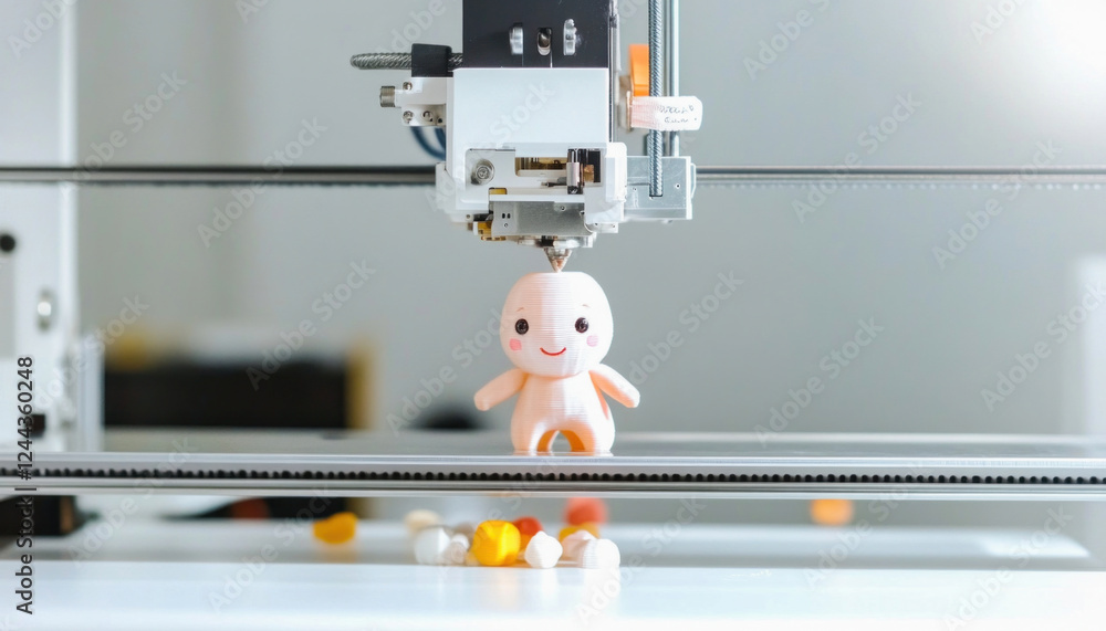 Poster 3d printer creating a doll prototype with plastic filament