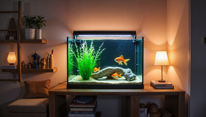 Aquarium with goldfish and aquatic plants in cozy living room