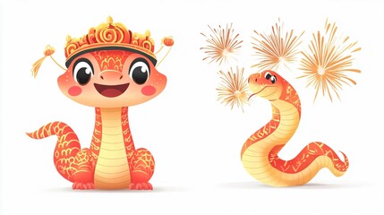 Obraz premium Adorable and Joyful Snake with Ornate Asian Hat for Illustrator, Designer, and Creative Visual Content