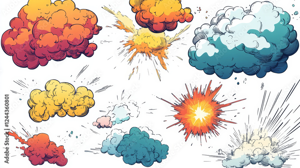 Fototapete clouds and explosions set in cartoon style isolated on white background for comics or another design