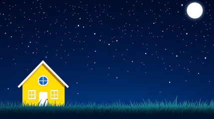 Naklejka premium Yellow House Under Night Sky - A charming yellow house sits peacefully in a grassy field under a starry night sky, illuminated by a bright moon.