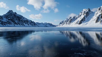 Snow-covered mountains rise dramatically against a clear blue sky. A calm, icy lake mirrors the peaks, creating a serene and picturesque winter landscape at dawn