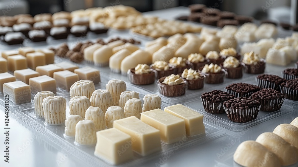 Poster assorted gourmet chocolates displayed on a table, showcasing various shapes and textures
