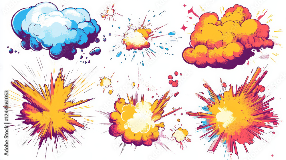 Fototapete clouds and explosions set in cartoon style isolated on white background for comics or another design