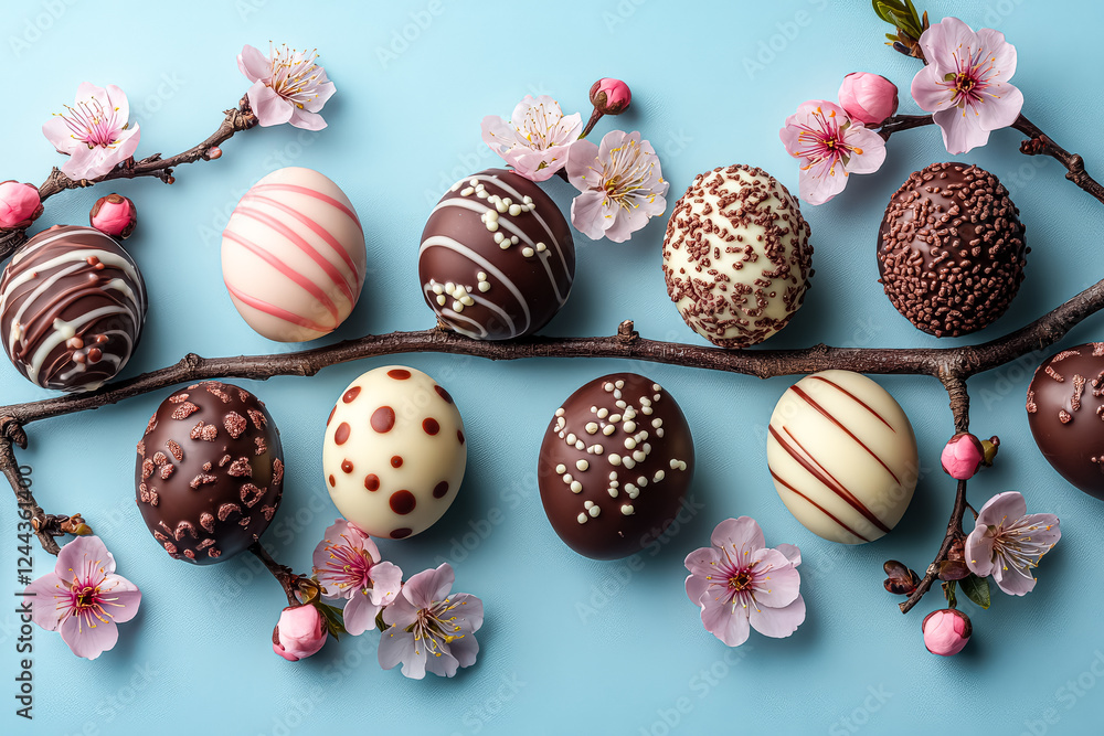Poster row of chocolate truffles with pink flowers in the background. the truffles are arranged in a line a