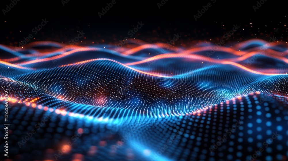 Poster digital light wave pattern. glowing blue and orange grid on dynamic surface. futuristic technology, 