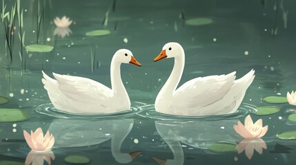 Obraz premium Two white geese floating gracefully on a pond.