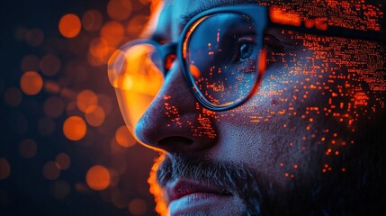 Close-up of a man with glasses immersed in a digital world of glowing data and vibrant colors