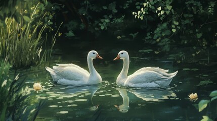 Two white geese floating gracefully on a pond.