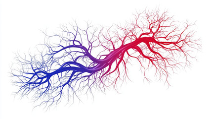 Vein vascular health icon. Isolated vector emblem of blood circulation and cardiovascular wellness. Artery symbol for clinic, features intertwined capillary vessels in red, purple and blue colors