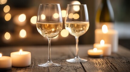 Two wine glasses on a wooden table surrounded by glowing candles.