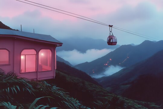 Pink Cabin and Cable Car in Misty Mountains