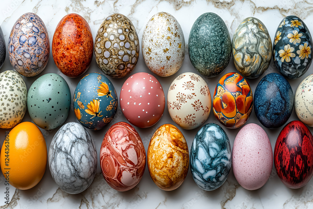 Poster row of colorful eggs with different patterns and designs. the eggs are arranged in a line, with some