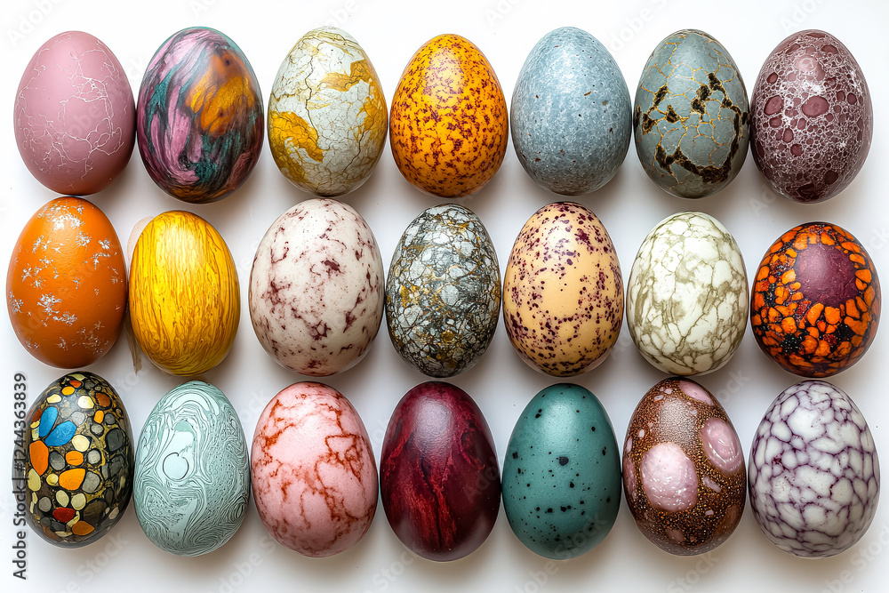 Poster row of colorful eggs with different patterns and colors. the eggs are arranged in a line, with some 