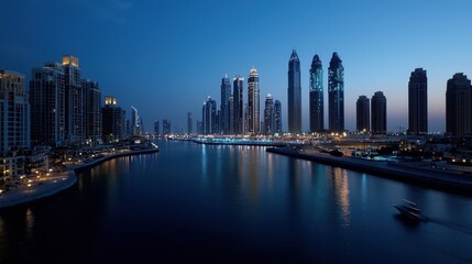 The skyline of Dubai showcases towering skyscrapers illuminated at night, reflecting off the tranquil waters. A boat can be seen gliding through the calm landscape