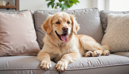 Golden retriever relaxing on sofa