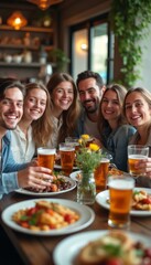 A group of six friends, smiling and raising their glasses, share a delightful meal in a cozy restaurant. The warm atmosphere is enhanced by delicious dishes and vibrant drinks, capturing the essence