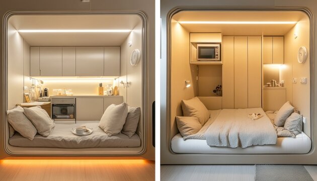 Modern capsule hotel room showing living and sleeping areas