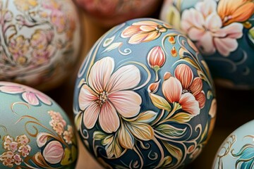 Hand Painted Easter Eggs with Intricate Floral Designs, Traditional Spring Celebration
