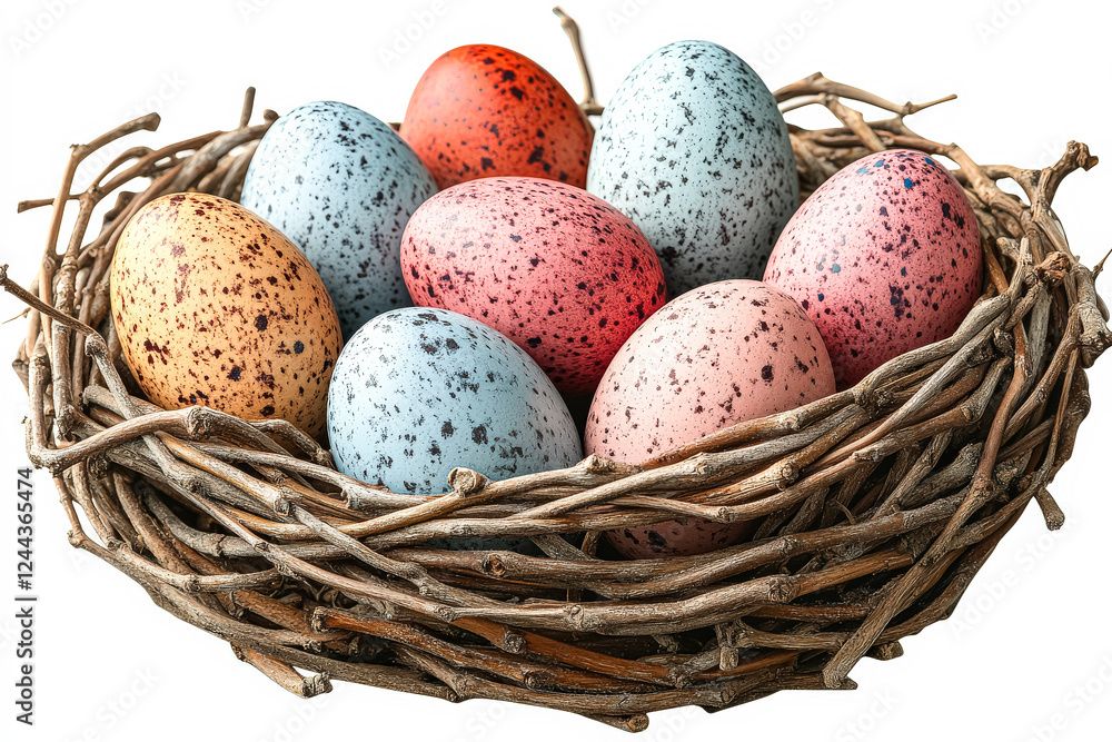 Poster nest of eggs with a variety of colors and speckles. the nest is made of twigs and branches
