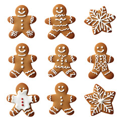 Gingerbread christmas snowflake star santa man tree cookie biscuit  cutout. PNG file. Many assorted different design. Mockup template for artwork design png on transparent background