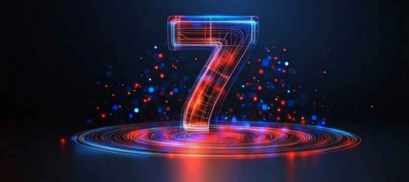 Glowing Digital 3D Number 7 with Futuristic Blue and Red Neon Light Trails on a Black Background