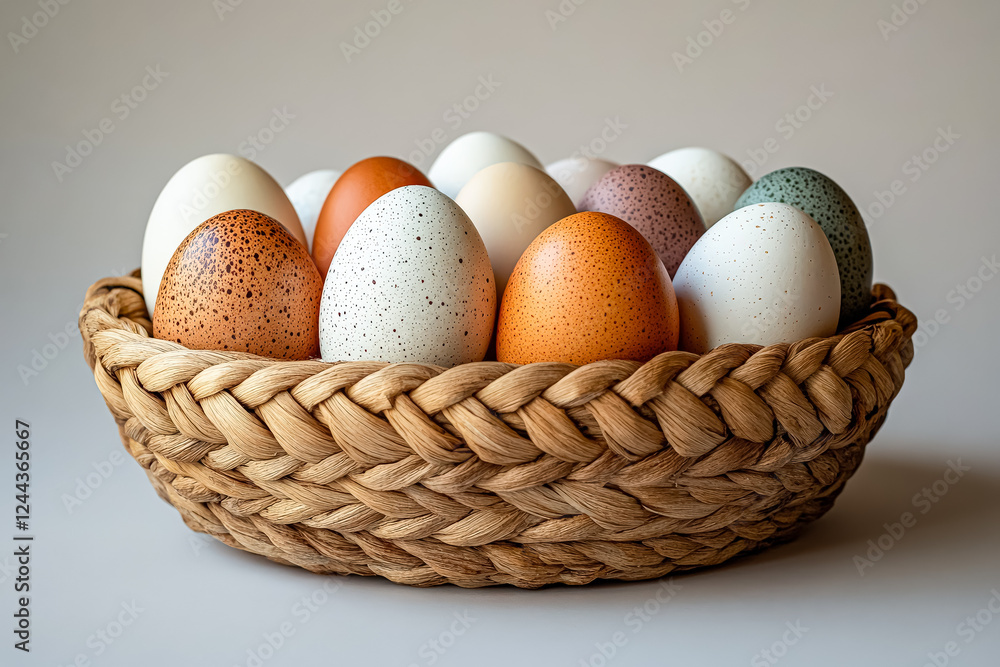 Poster basket of eggs with different colors and sizes. the basket is woven and has a rustic feel. the eggs 