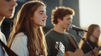 Teenagers Worshipping and Playing Guitars in a Group Setting