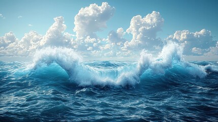 Obraz premium Vibrant ocean waves under a bright sky with fluffy clouds.