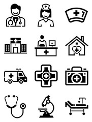Medical icons representing healthcare professionals and facilities
