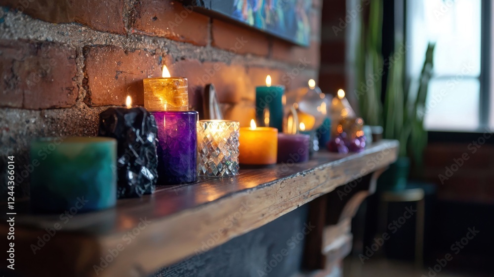 Poster a shelf with many candles of different colors and sizes