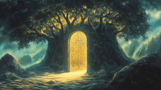 An esoteric concept linking karma and ancient incarnations with the sacred tree of life as the gate into the afterlife. sacred. illustration. Esoteric & Occult Imagery. Illustration