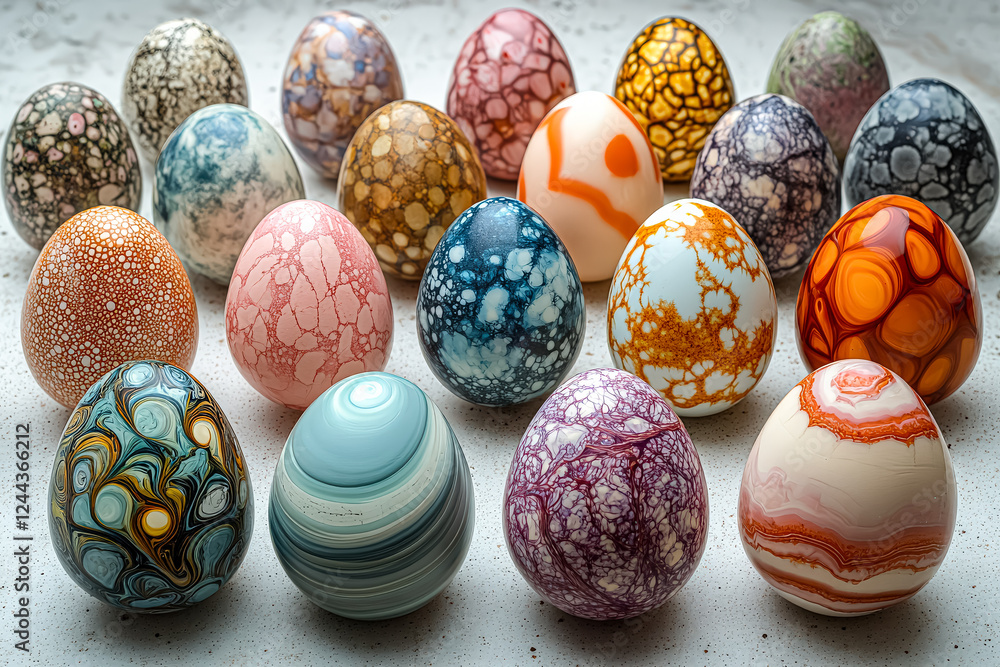 Poster row of colorful eggs with different patterns and colors. the eggs are arranged in a line, with some 