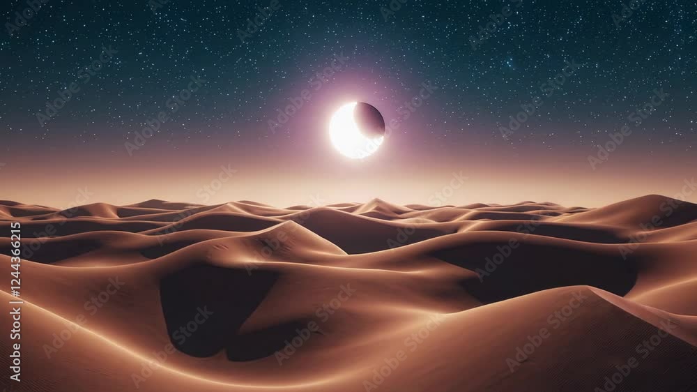 Poster mesmerizing nighttime desert landscape featuring celestial eclipse casting dramatic shadows across s