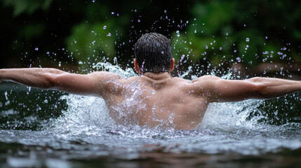 Fototapeta premium A man is swimming in a pool with his arms outstretched