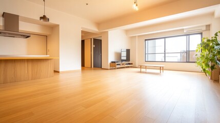 Fototapeta premium Modern empty living room with open kitchen and wooden floor