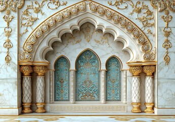 Obraz premium Ornate Archway with Three Intricately Designed Windows, Marble and Gold Accents on Light Blue Backdrop