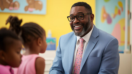 Warmly Smiling African American Pediatrician in Professional Setting, Friendly and Approachable Healthcare Provider