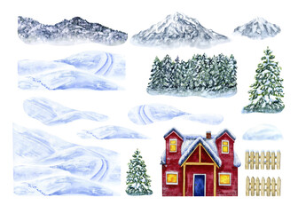 Snowdrifts, mountains, forest, house, fence, spruce. Set of elements for a winter landscape constructor. Drawn watercolor illustration, isolated on background. For decor, posters, design, advertising