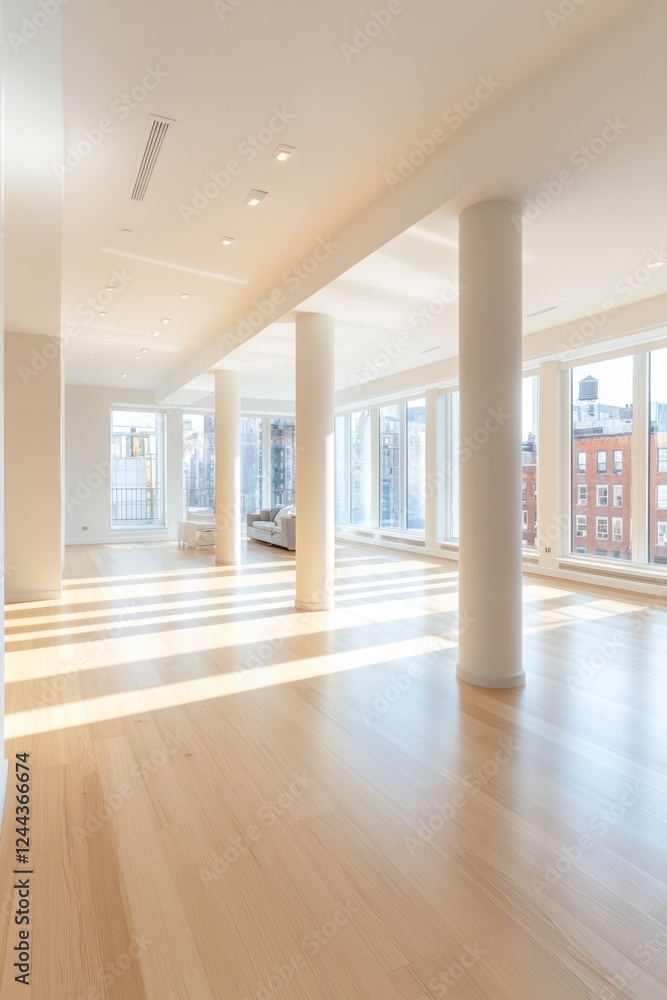 Poster sunlight illuminating empty modern apartment with columns and hardwood floor