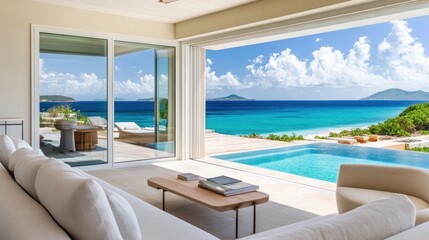 Fototapeta premium Luxurious villa living room opening onto infinity pool and turquoise ocean