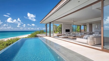 Fototapeta premium Modern luxury beachfront villa with infinity pool overlooking tropical ocean