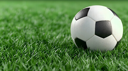 Fototapeta premium Soccer ball on green grass field, ready for game. Sports background image