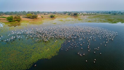 Mesmerizing Sunset Spectacle Flock of Birds Soaring above Tranquil Badshahpur Jheel in the Countryside near Gurgaon, India A Symphony of Nature and Serenity at Twilight